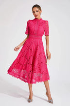 Liora | Guipure Lace Midi Dress, High-Neck
