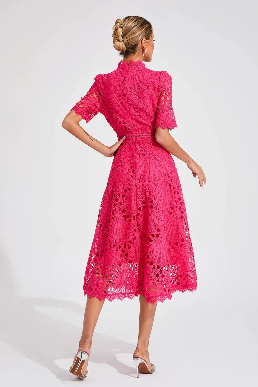 Liora | Guipure Lace Midi Dress, High-Neck