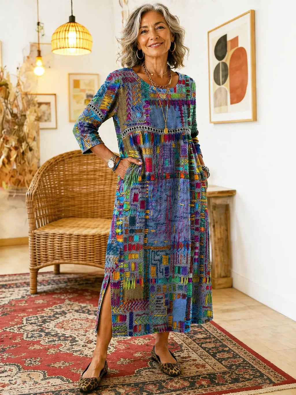 Brynlee | Patchwork Print Maxi Dress with Side Slit