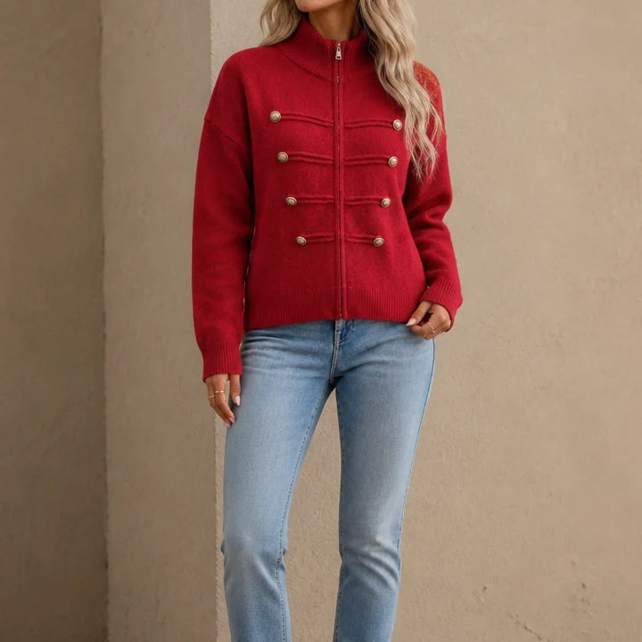 Marlow Knit Cardigan | Gold Button Military-Style, Stand Collar 10