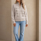 Marlow Knit Cardigan | Gold Button Military-Style, Stand Collar 14