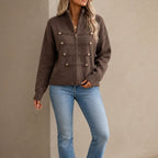 Marlow Knit Cardigan | Gold Button Military-Style, Stand Collar 15