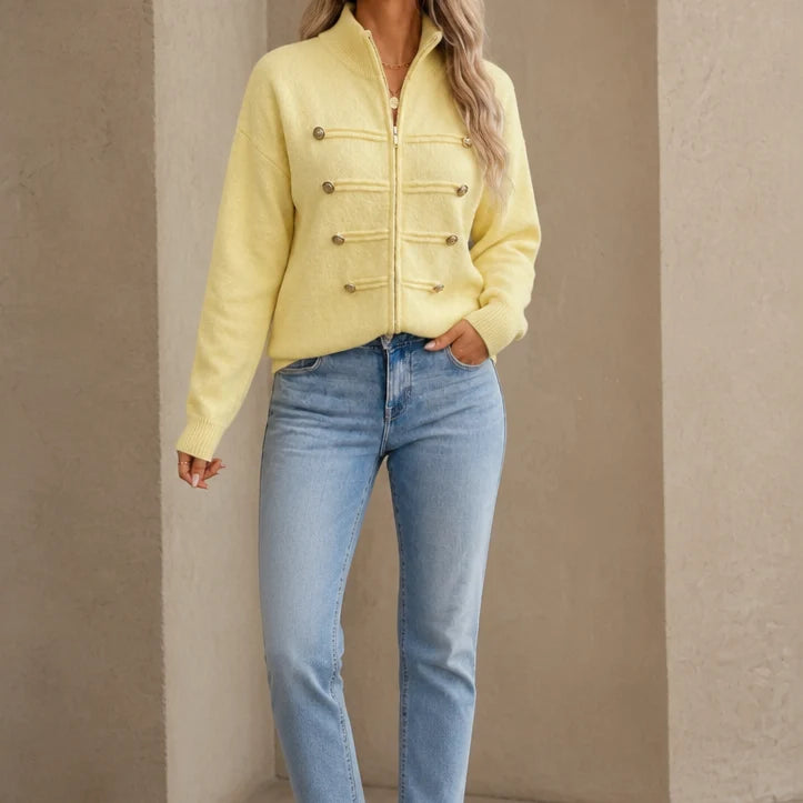 Marlow Knit Cardigan | Gold Button Military-Style, Stand Collar 16