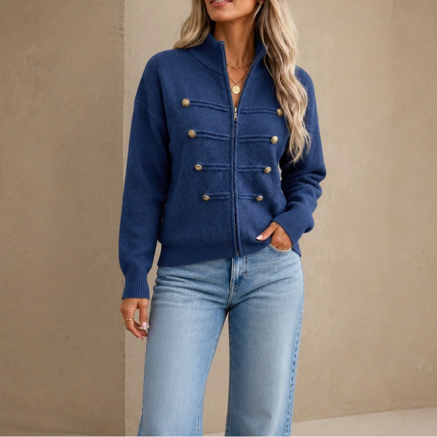 Marlow Knit Cardigan | Gold Button Military-Style, Stand Collar 19