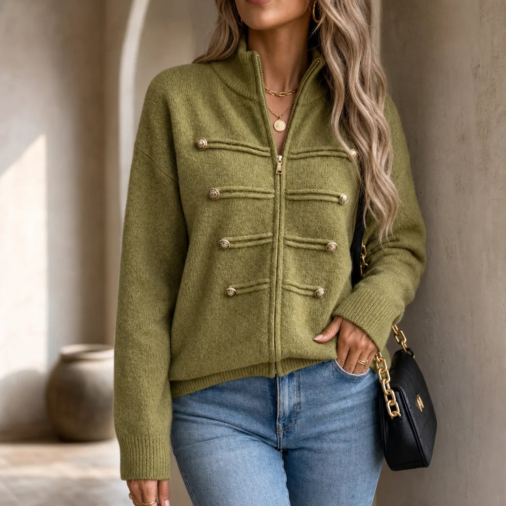 Marlow Knit Cardigan | Gold Button Military-Style, Stand Collar 2