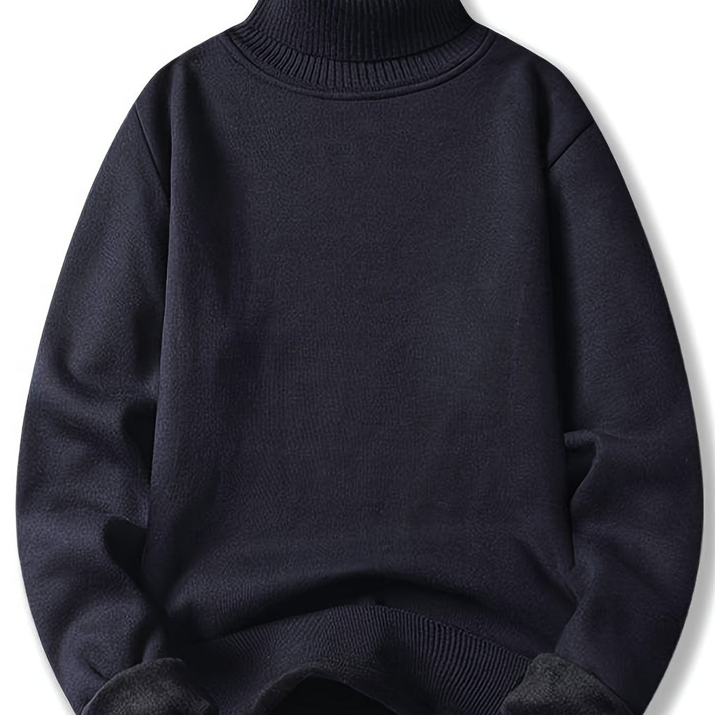 Mørkeblå højhalset sweater i strik med ribturt hals og lange ærmer