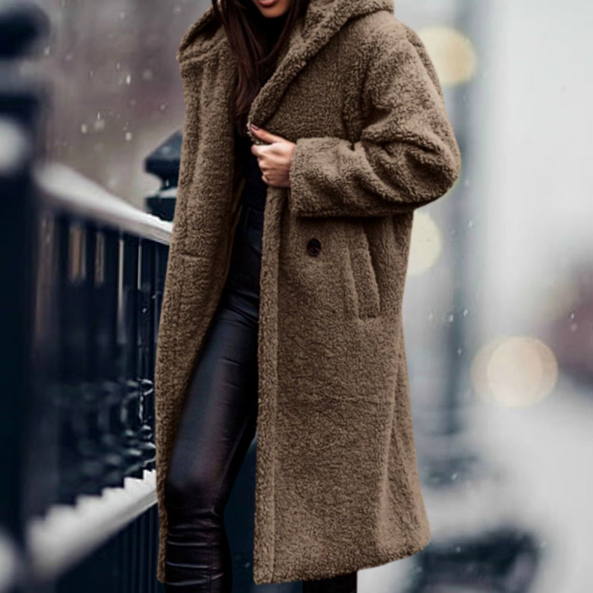 Phoebe | Long Teddy Coat with Hood and Lapels