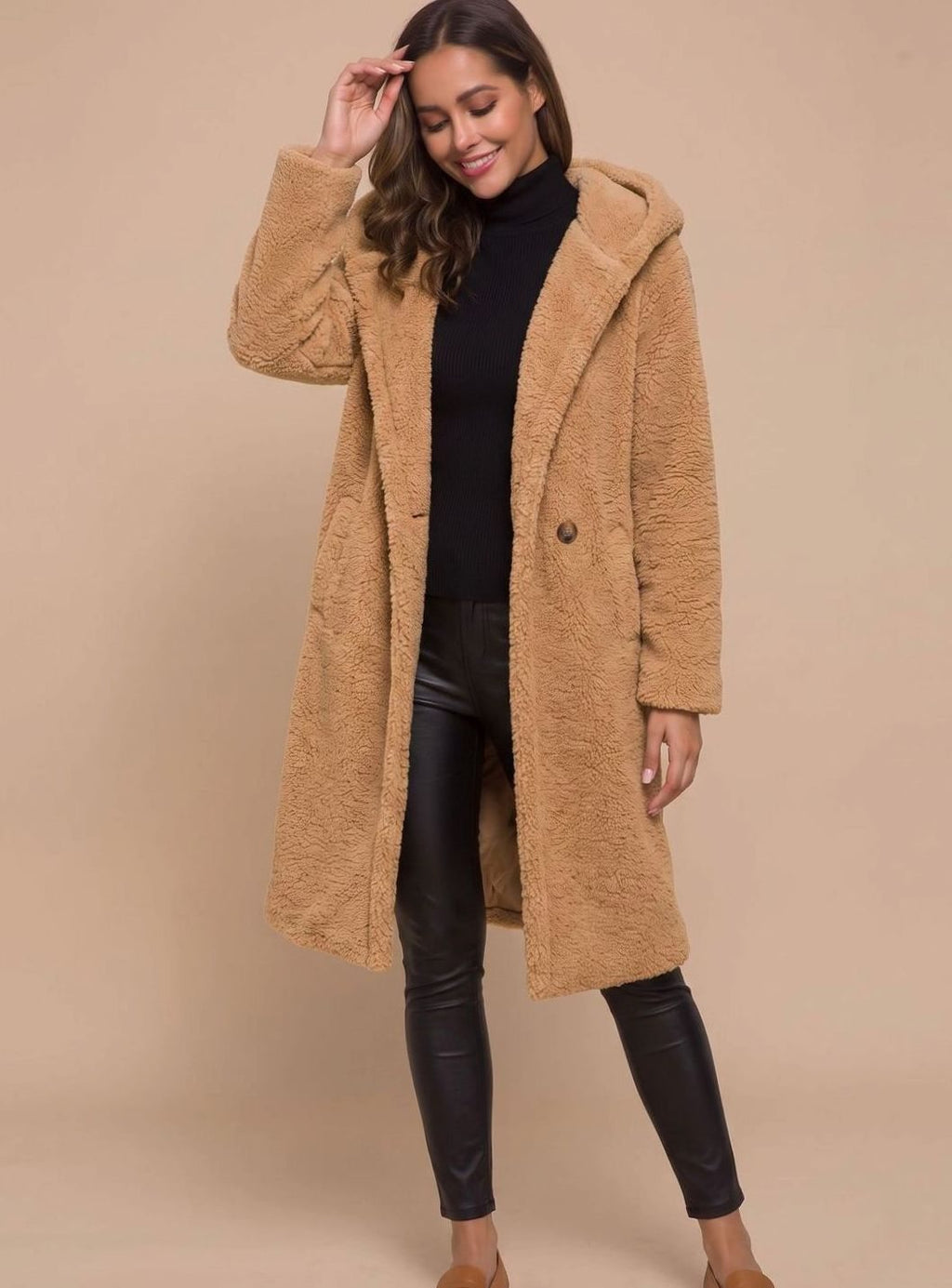 Phoebe | Long Teddy Coat with Hood and Lapels