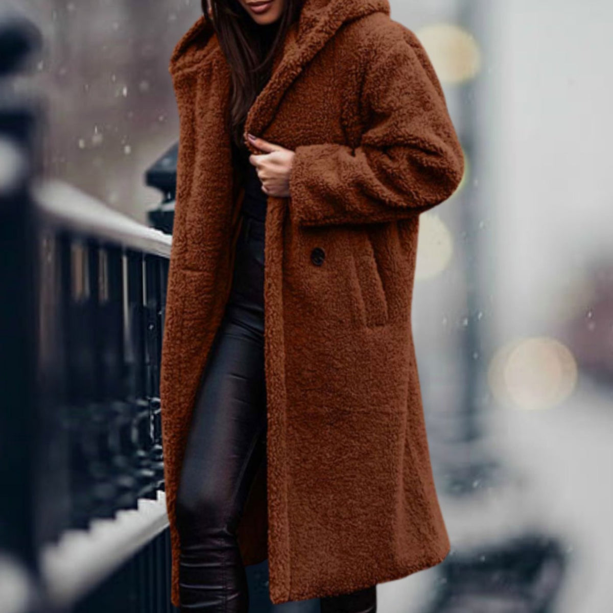 Phoebe | Long Teddy Coat with Hood and Lapels