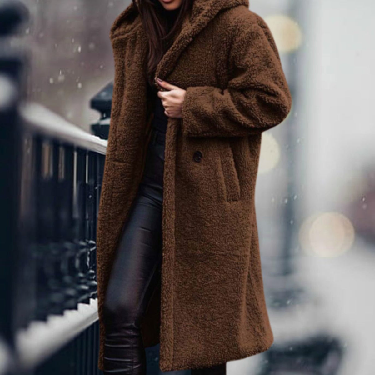 Phoebe | Long Teddy Coat with Hood and Lapels
