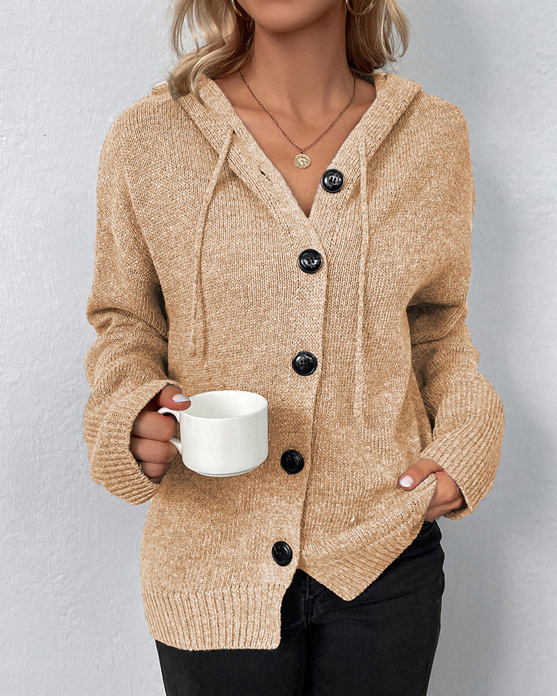 Khaki hættet cardigan med knapper og strikket tekstur