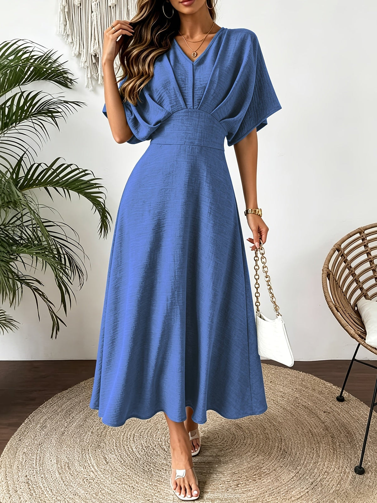 Ines | Midi Dress with V-Neck and Batwing Sleeves