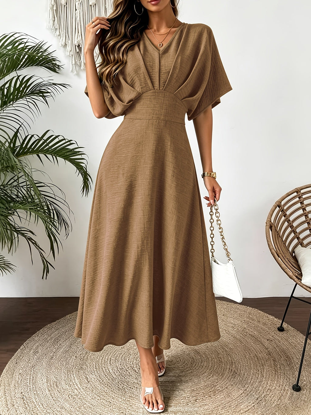 Ines | Midi Dress with V-Neck and Batwing Sleeves