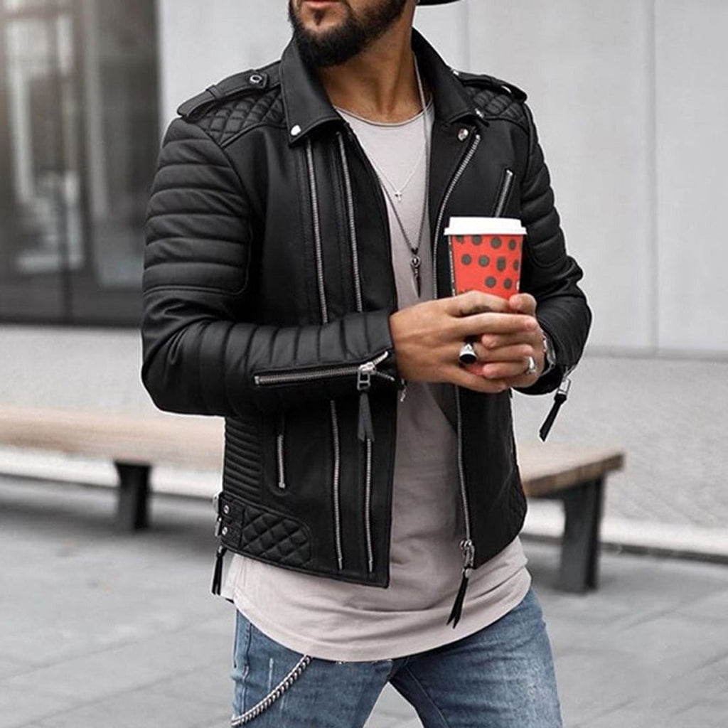 Milo | Quilted Leather Biker Jacket with Zip Collar