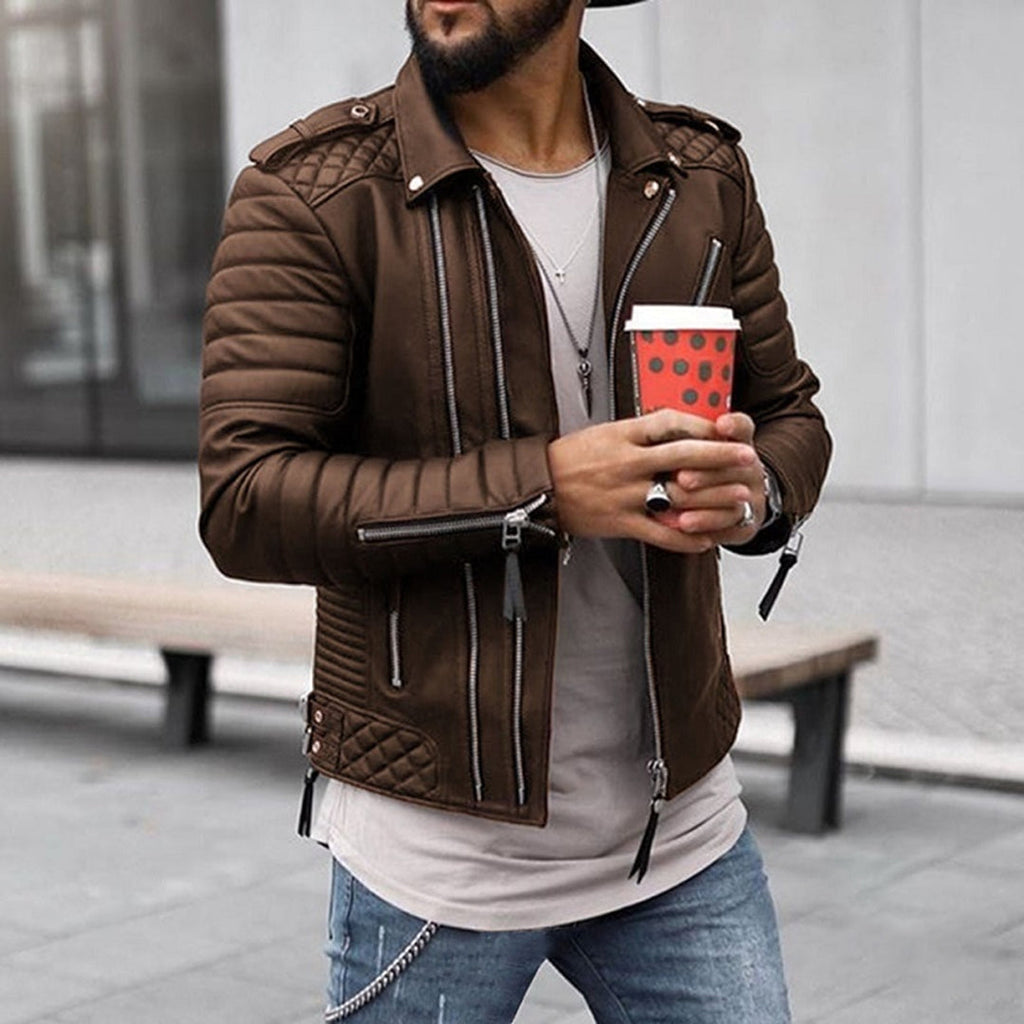 Milo | Quilted Leather Biker Jacket with Zip Collar