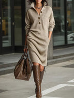 Mira | Button-Front Rib-Knit Midi Dress