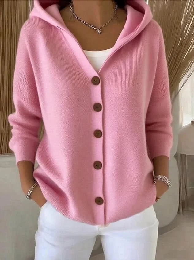 Myla | Hip-Length Knitted Hooded Cardigan with Buttons