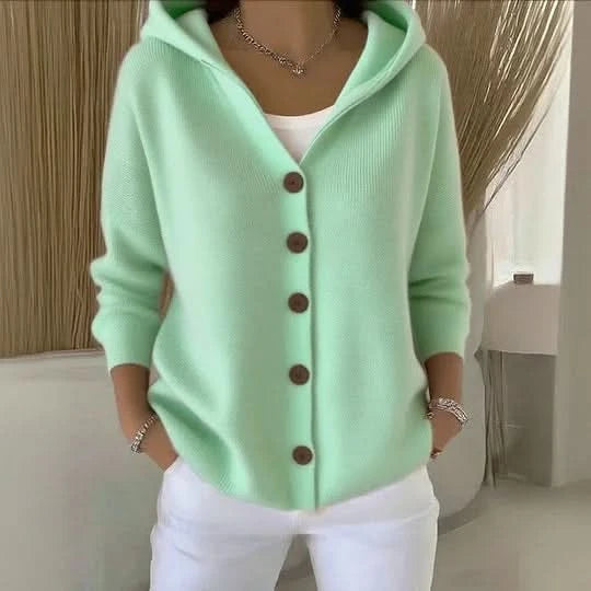 Myla | Hip-Length Knitted Hooded Cardigan with Buttons