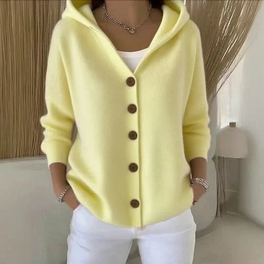 Myla | Hip-Length Knitted Hooded Cardigan with Buttons