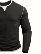 Sort henley-skjorte med V-hals og hvid kant, lange ærmer, sidevisning.