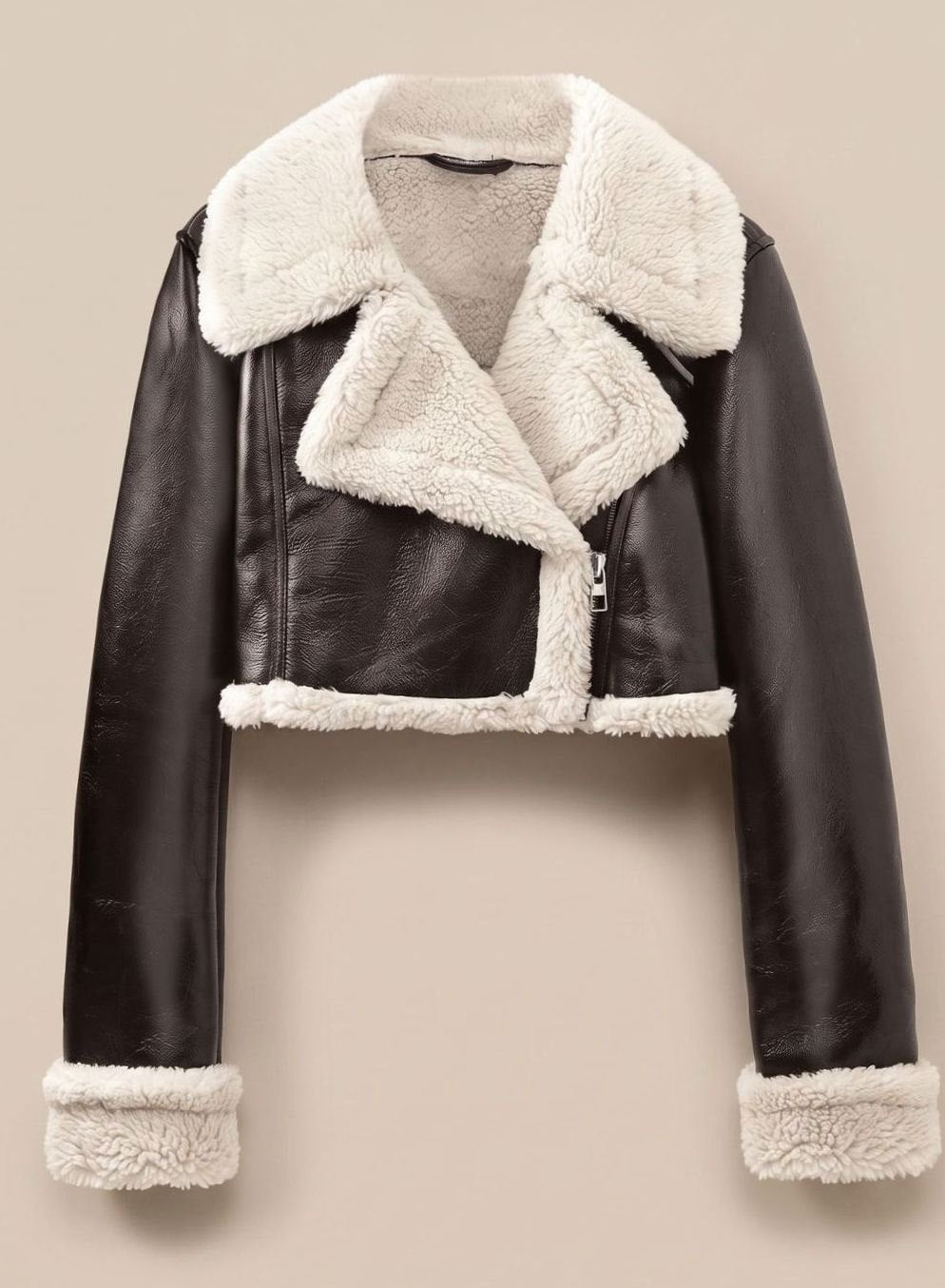 Olive | Cropped Biker Jacket with Teddy Collar