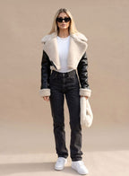 Olive | Cropped Biker Jacket with Teddy Collar
