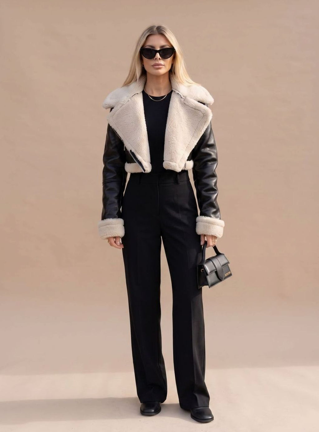 Olive | Cropped Biker Jacket with Teddy Collar