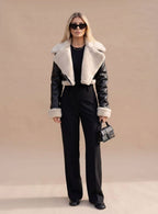 Olive | Cropped Biker Jacket with Teddy Collar