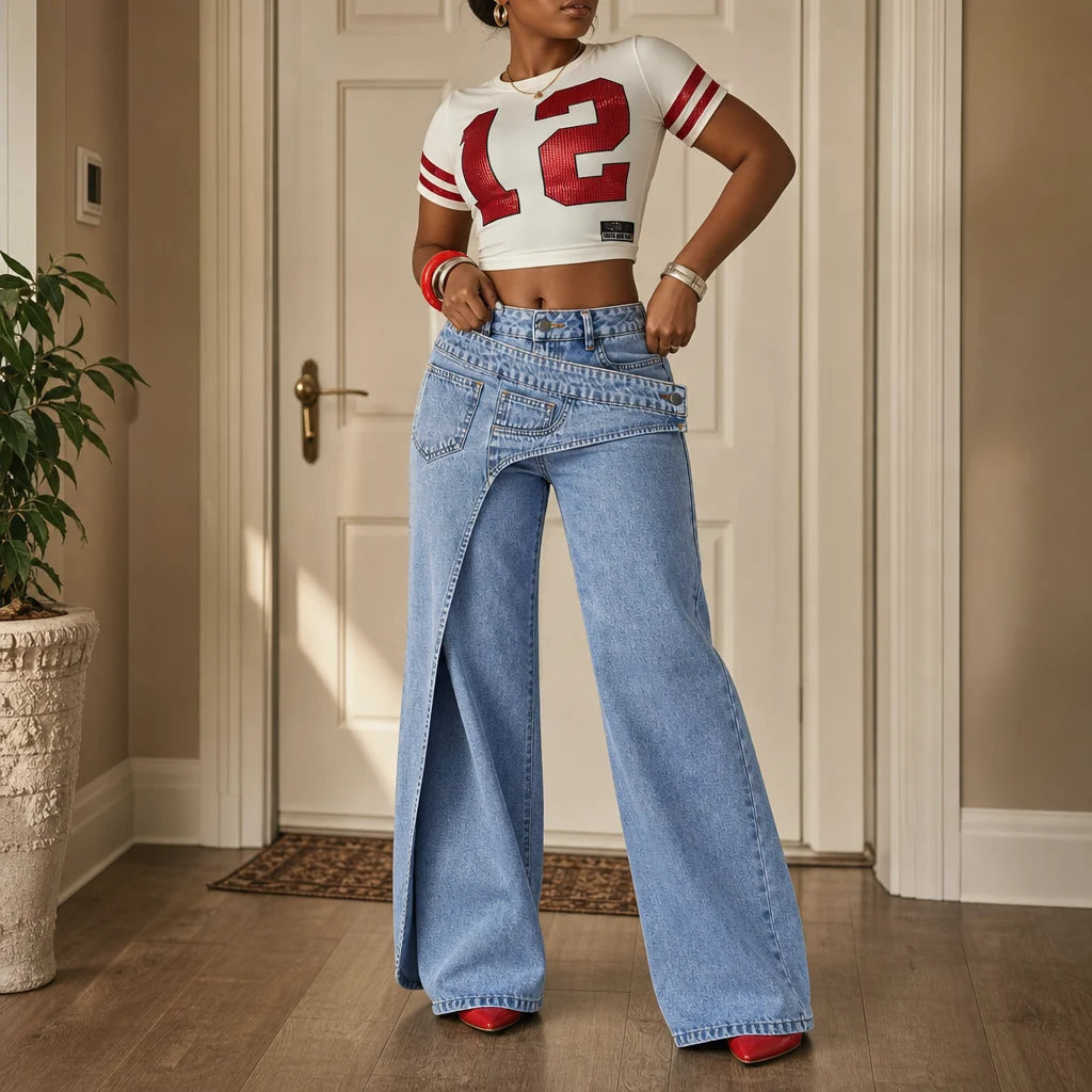 Orlina Wide-Leg Jeans | Asymmetric Overlap Waist, High-Rise Denim 2