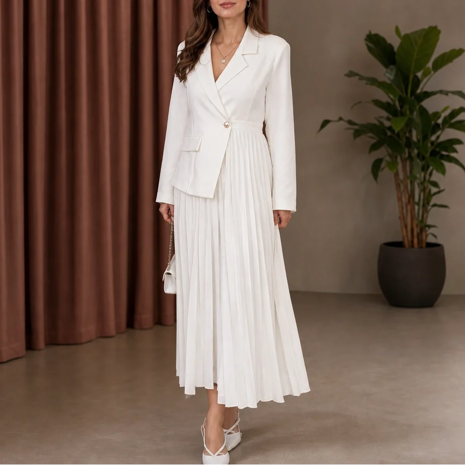 Allison | Pleated Midi Dress with Blazer Bodice