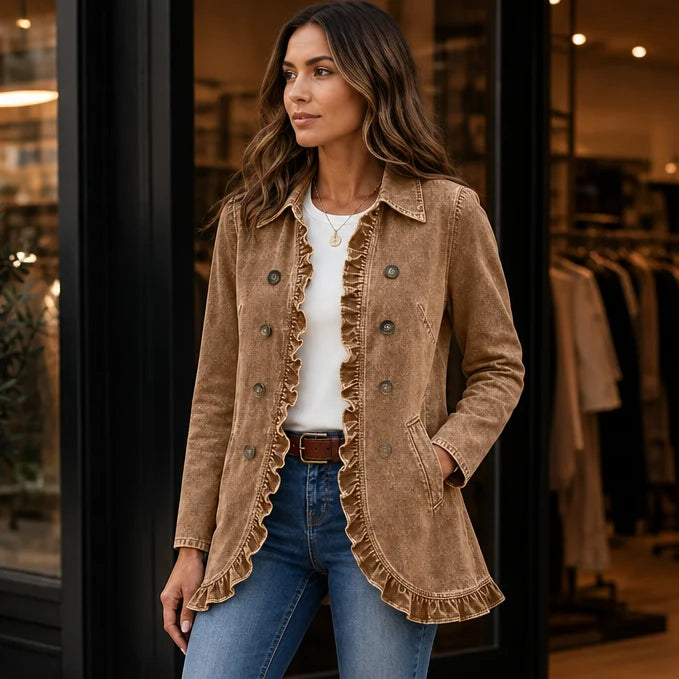 Everly | Ruffle-Trim Denim-Look Jacket with Pockets