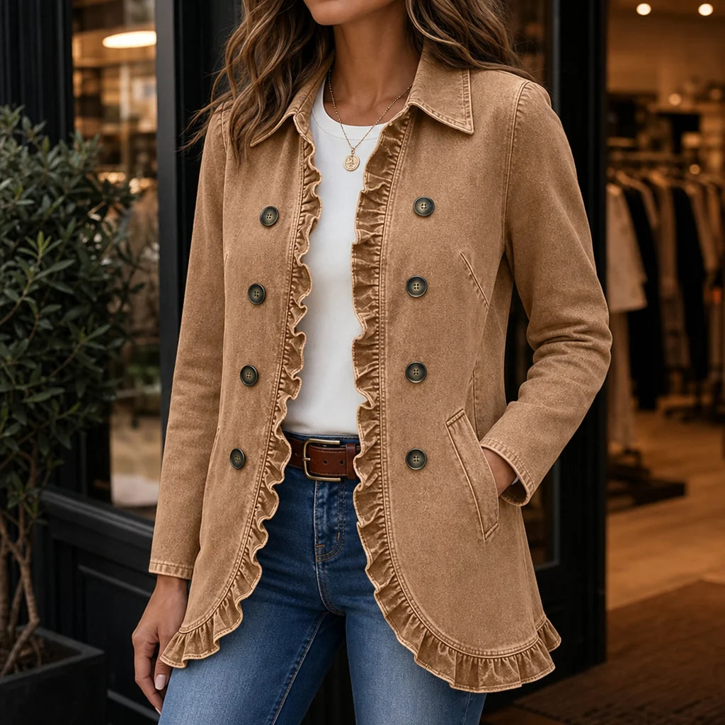 Everly | Ruffle-Trim Denim-Look Jacket with Pockets