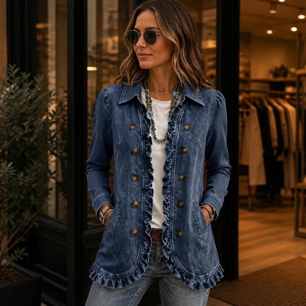 Everly | Ruffle-Trim Denim-Look Jacket with Pockets