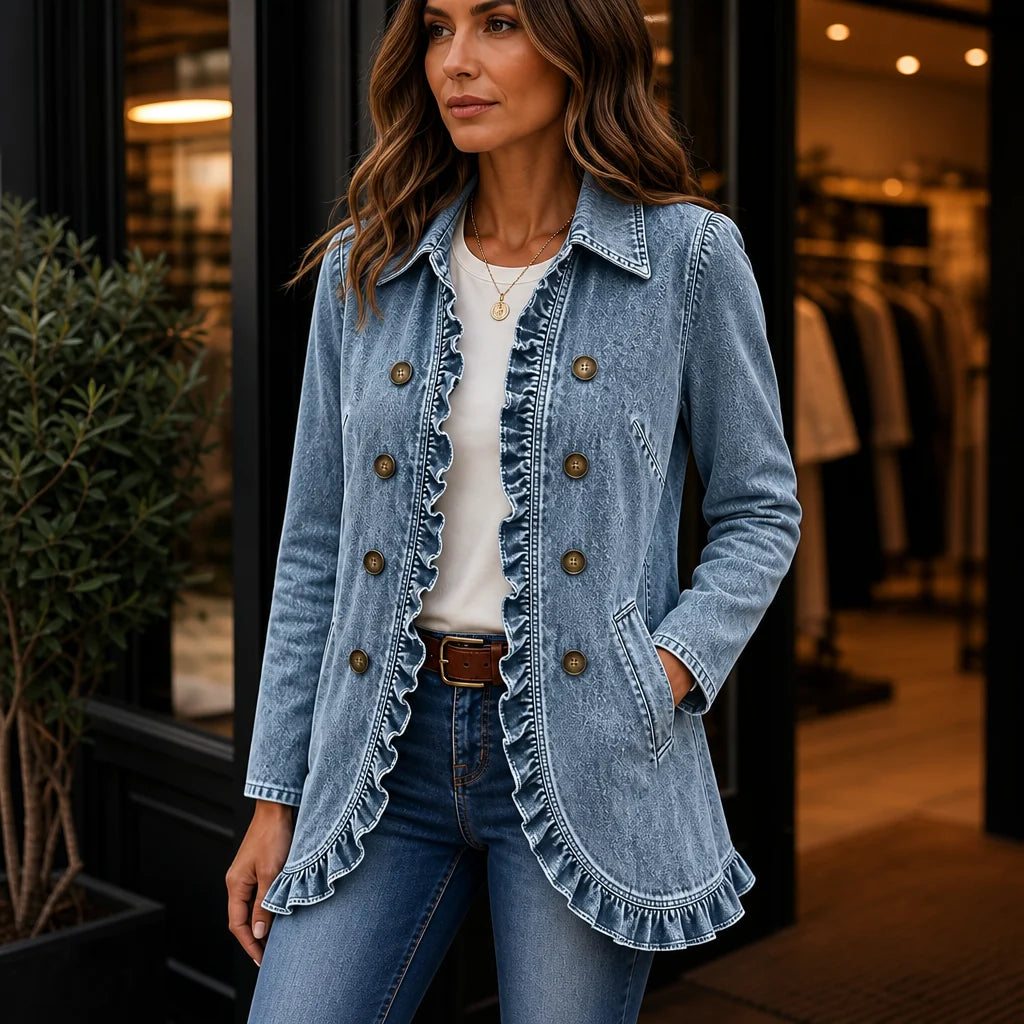 Everly | Ruffle-Trim Denim-Look Jacket with Pockets