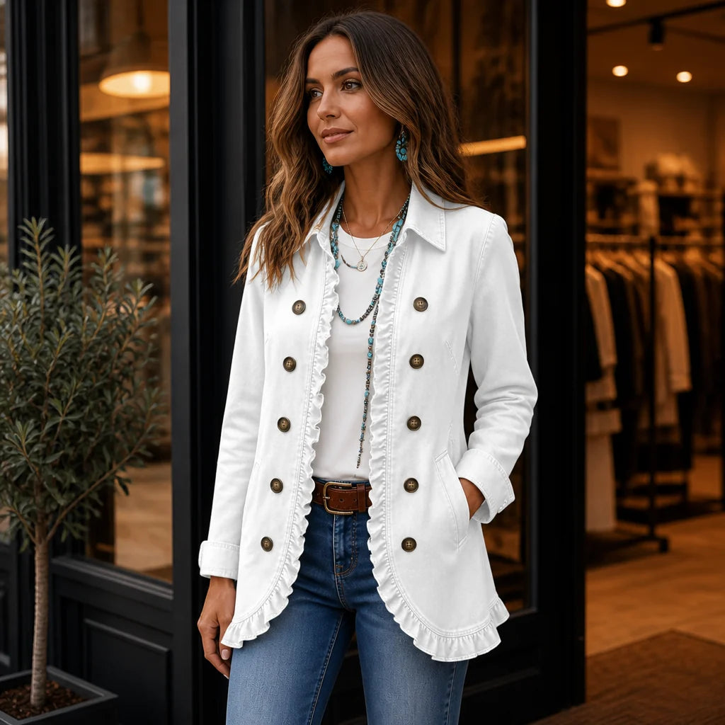Everly | Ruffle-Trim Denim-Look Jacket with Pockets