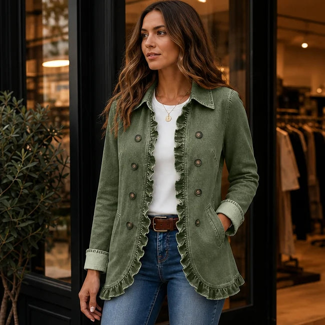 Everly | Ruffle-Trim Denim-Look Jacket with Pockets