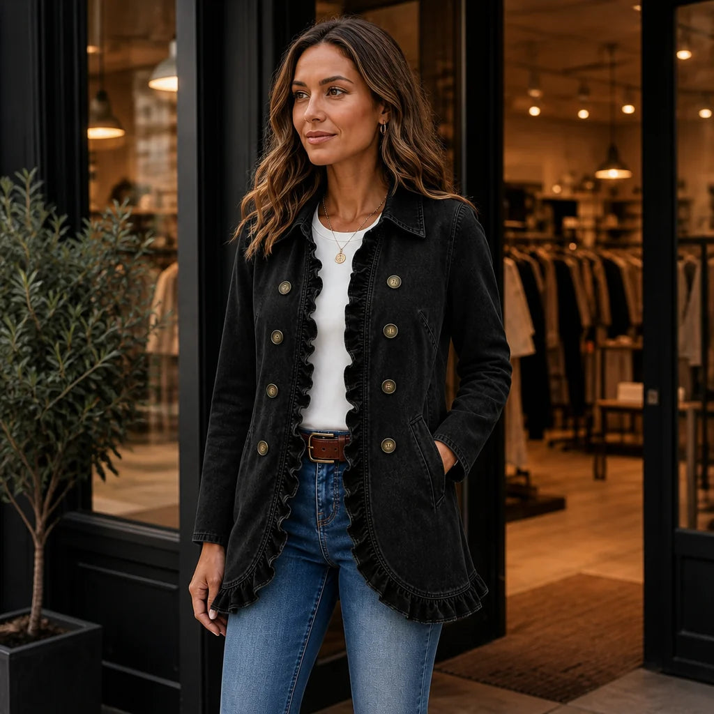 Everly | Ruffle-Trim Denim-Look Jacket with Pockets