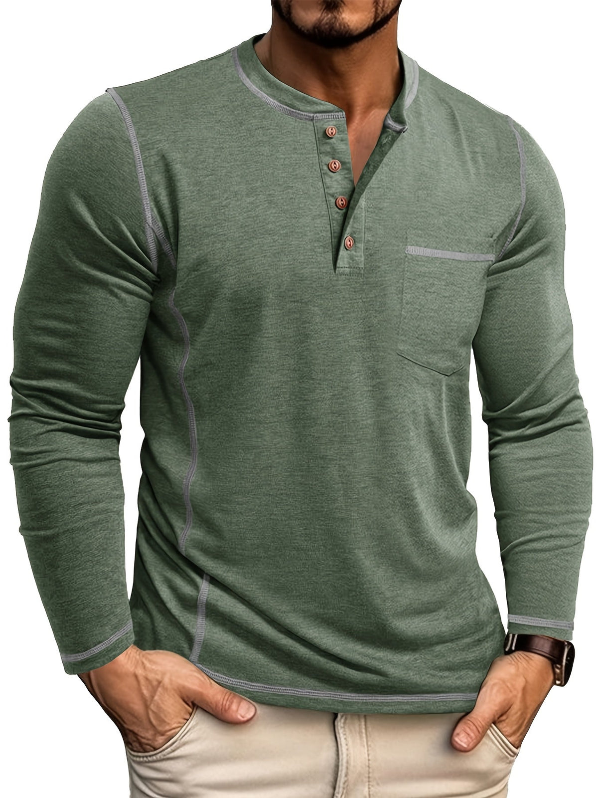 Logan | Long-Sleeve Henley with Chest Pocket