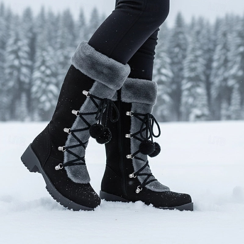 Victoria | Knee-High Faux-Fur Cuff Boots with Pom-Poms