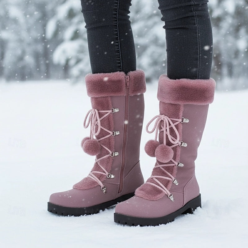 Victoria | Knee-High Faux-Fur Cuff Boots with Pom-Poms