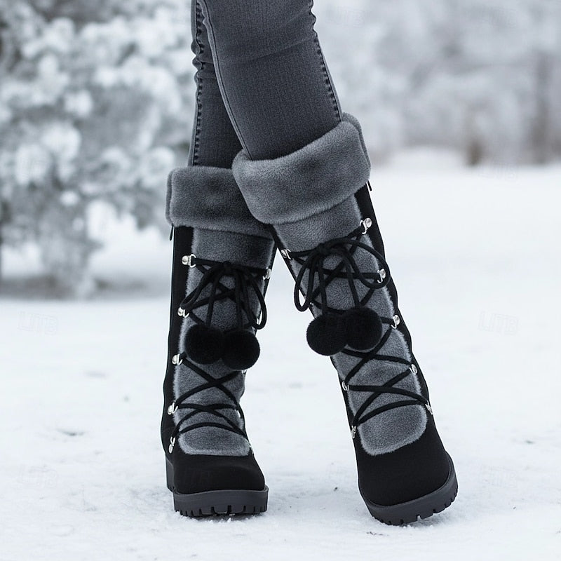 Victoria | Knee-High Faux-Fur Cuff Boots with Pom-Poms