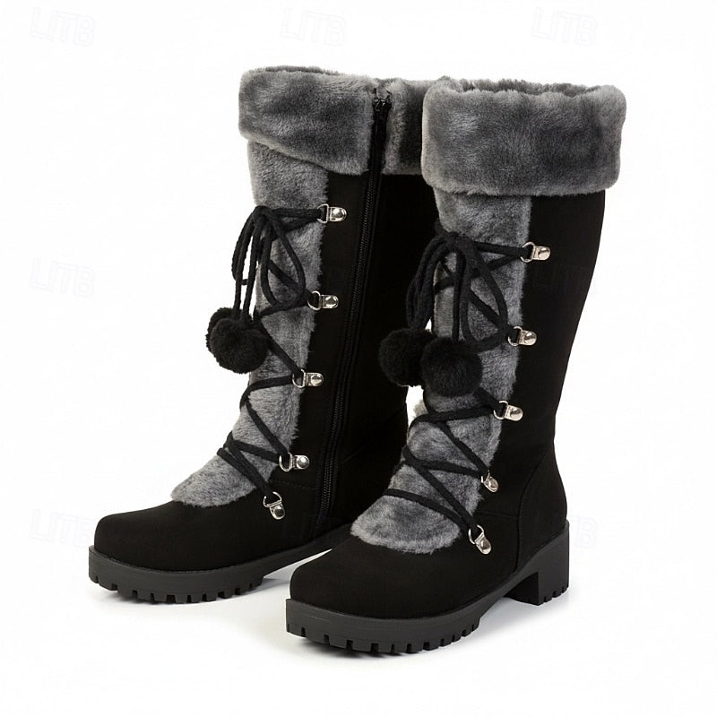 Victoria | Knee-High Faux-Fur Cuff Boots with Pom-Poms