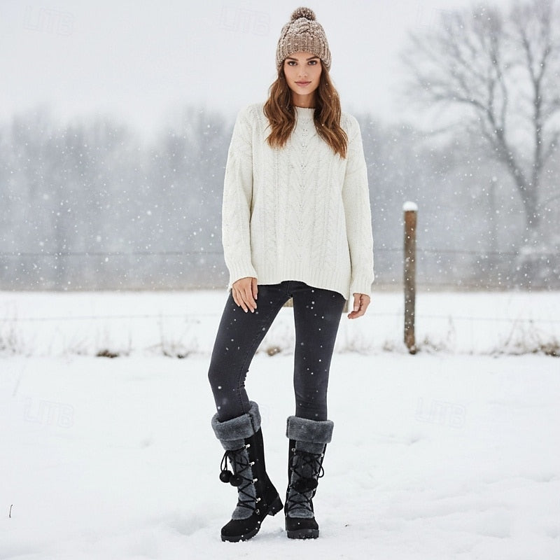 Victoria | Knee-High Faux-Fur Cuff Boots with Pom-Poms