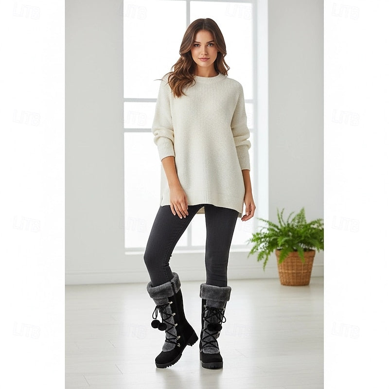 Victoria | Knee-High Faux-Fur Cuff Boots with Pom-Poms