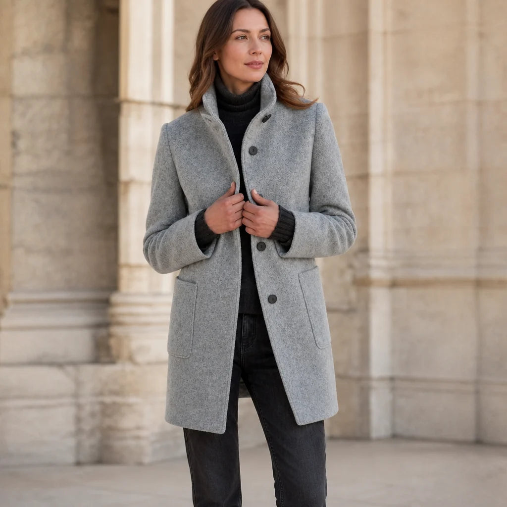 Camille | Mid-Thigh Button-Front Coat with Stand Collar