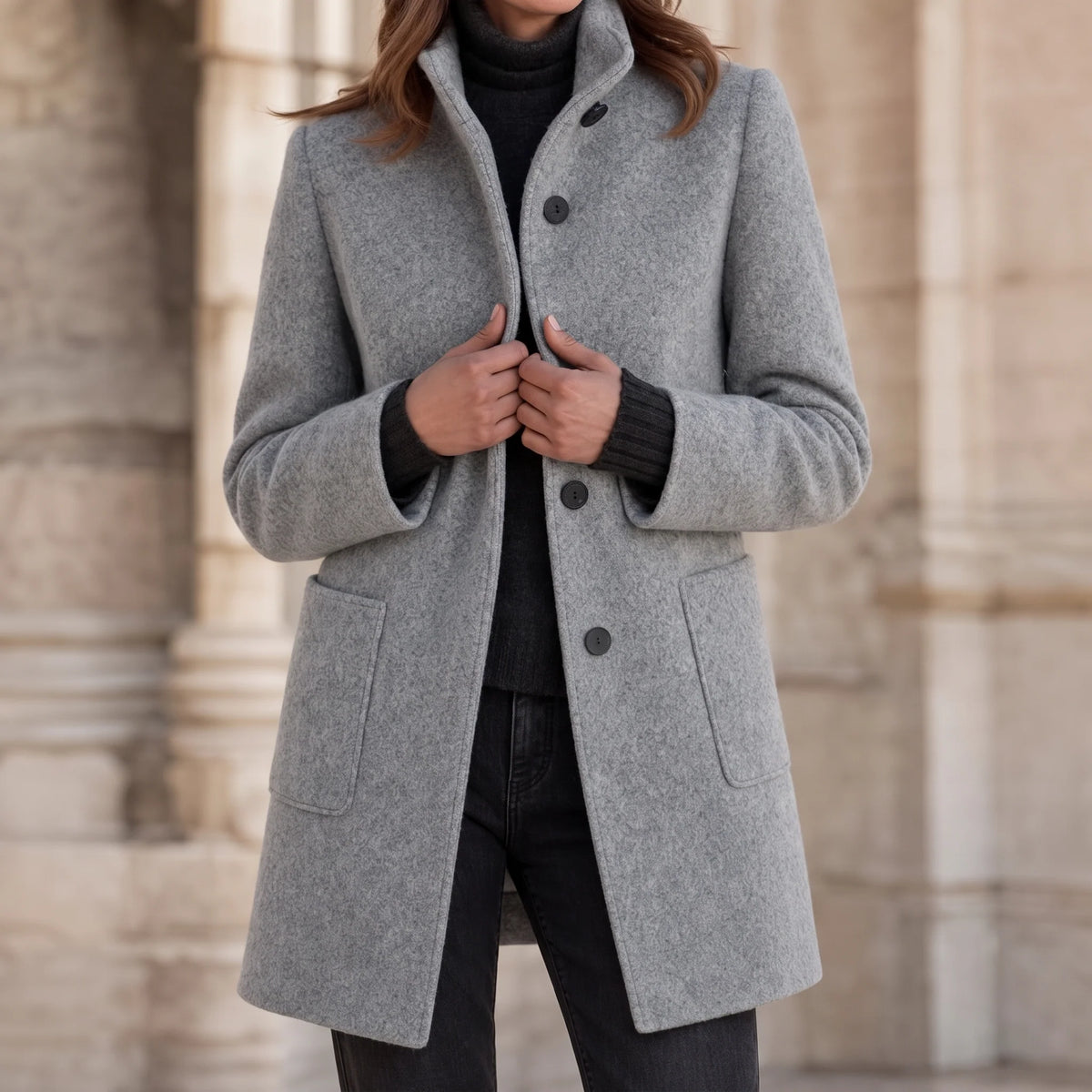 Camille | Mid-Thigh Button-Front Coat with Stand Collar