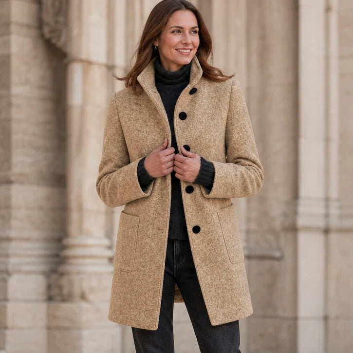 Camille | Mid-Thigh Button-Front Coat with Stand Collar