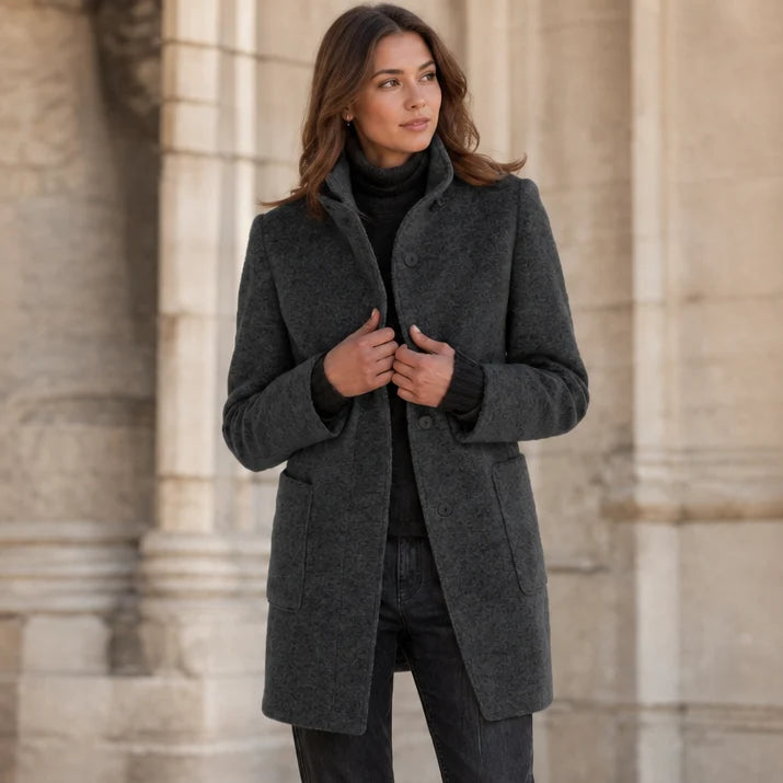 Camille | Mid-Thigh Button-Front Coat with Stand Collar