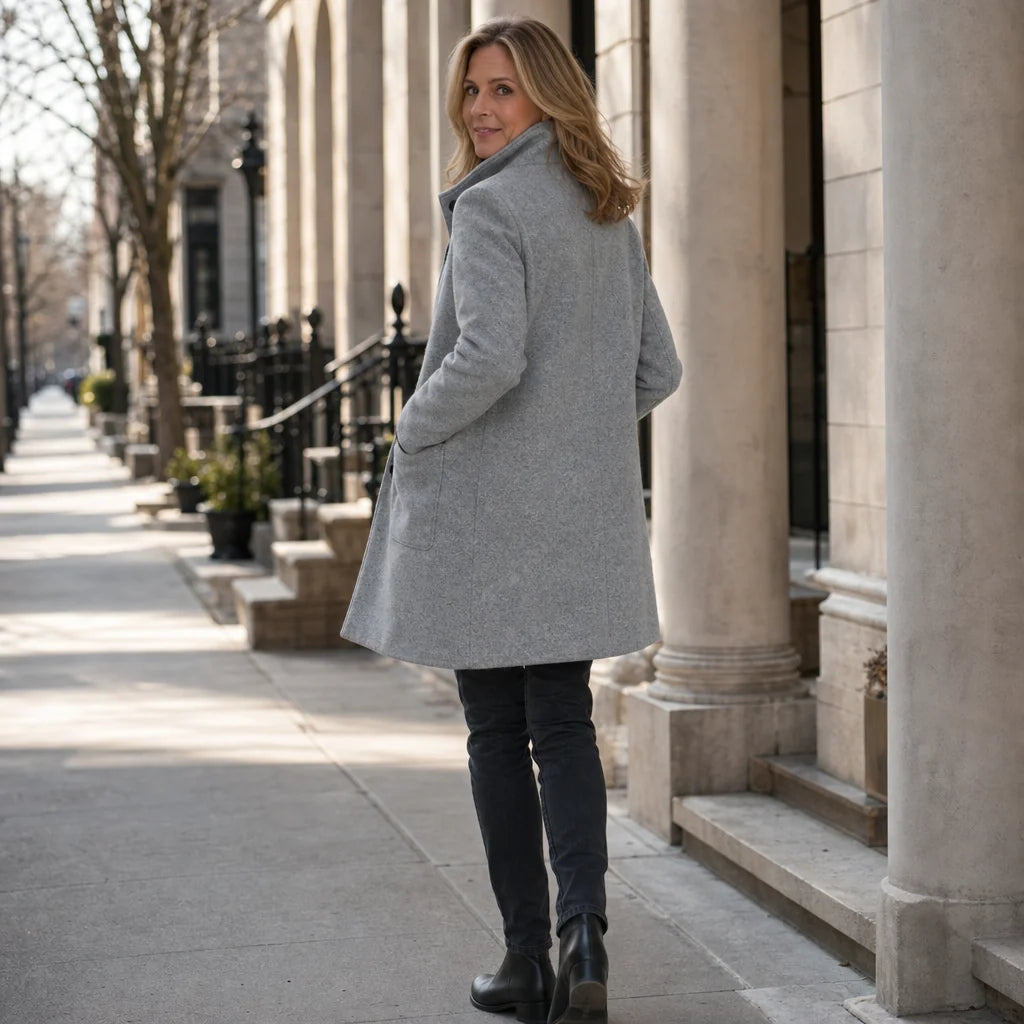 Camille | Mid-Thigh Button-Front Coat with Stand Collar