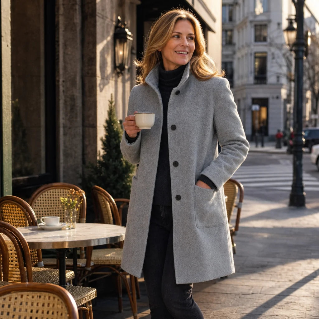 Camille | Mid-Thigh Button-Front Coat with Stand Collar